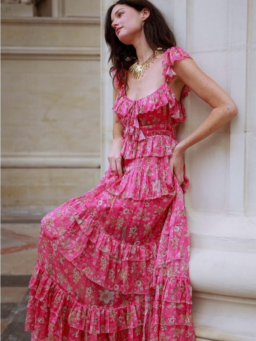 Strawberry Paris Pink Ruffle Floral Maxi Dress Resort Vacation Retail $598